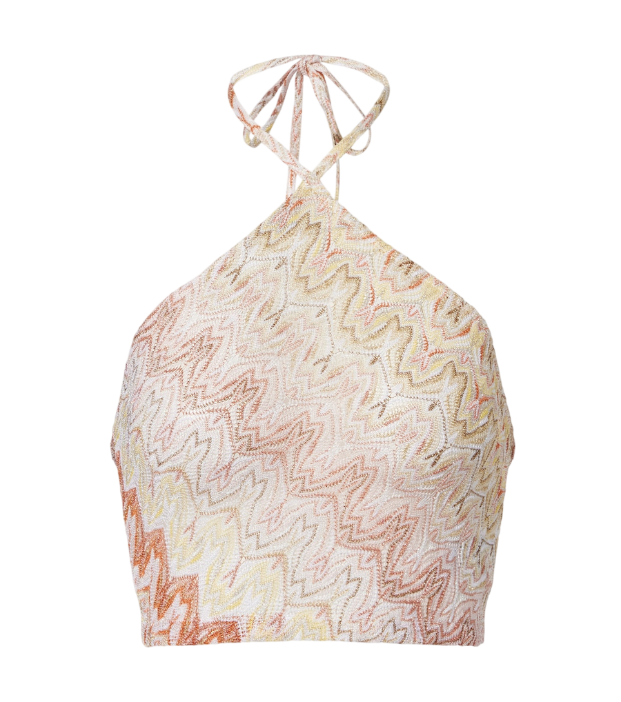 Top corto de lamé con cuello halter y estampado en zigzag de Missoni