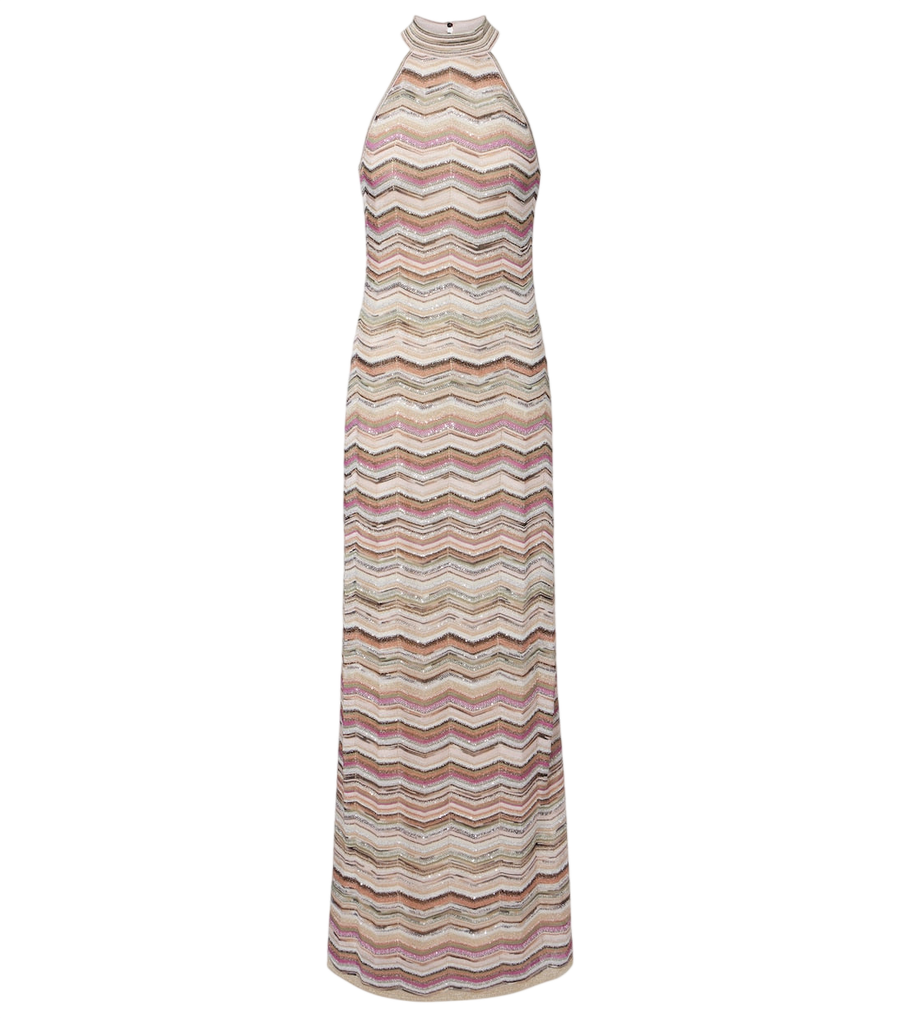 Maxivestido de lamé con lentejuelas, cuello halter y estampado en zigzag de Missoni