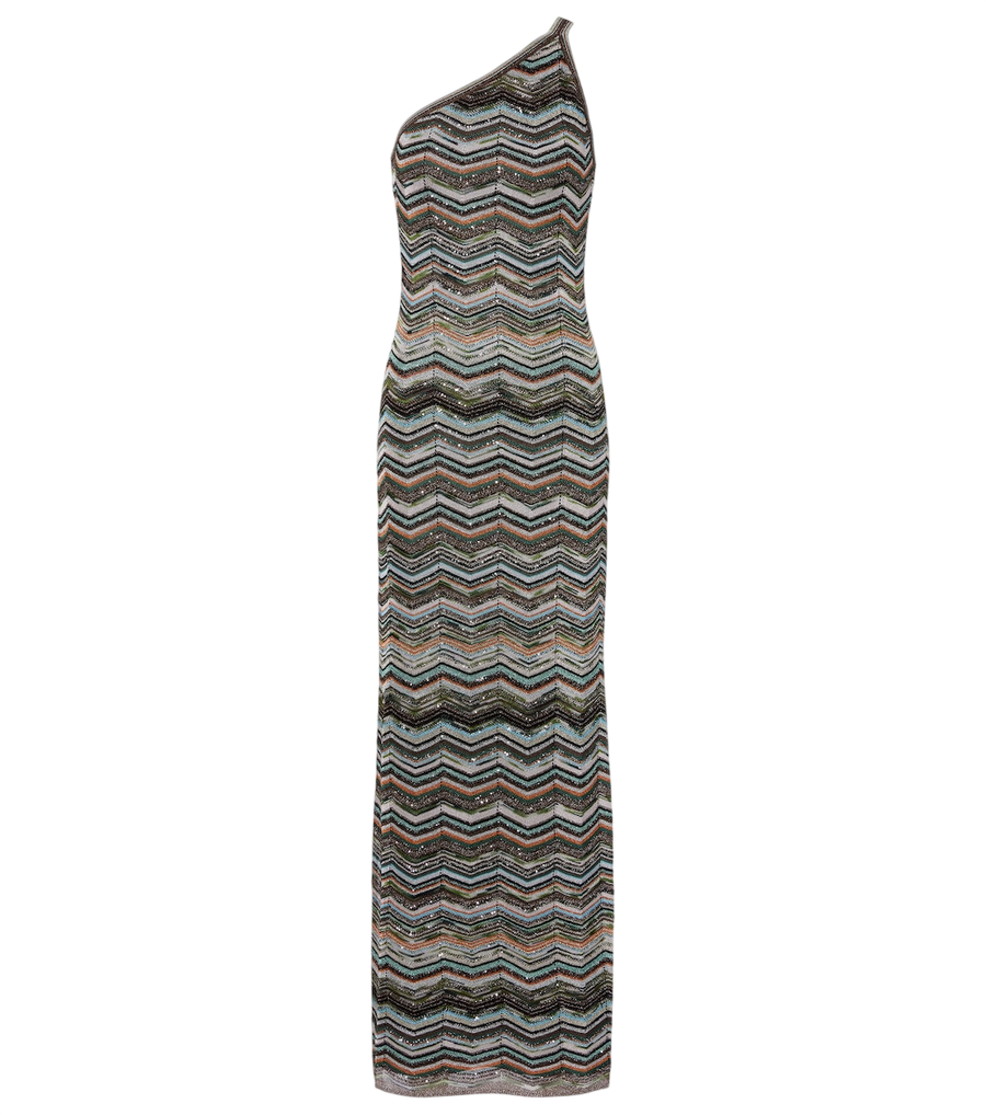 Vestido largo de lamé con un hombro al descubierto y estampado en zigzag de Missoni