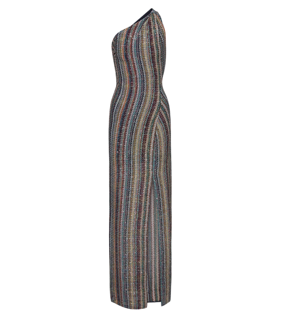 Vestido largo de lamé de un solo hombro con lentejuelas en zigzag de Missoni