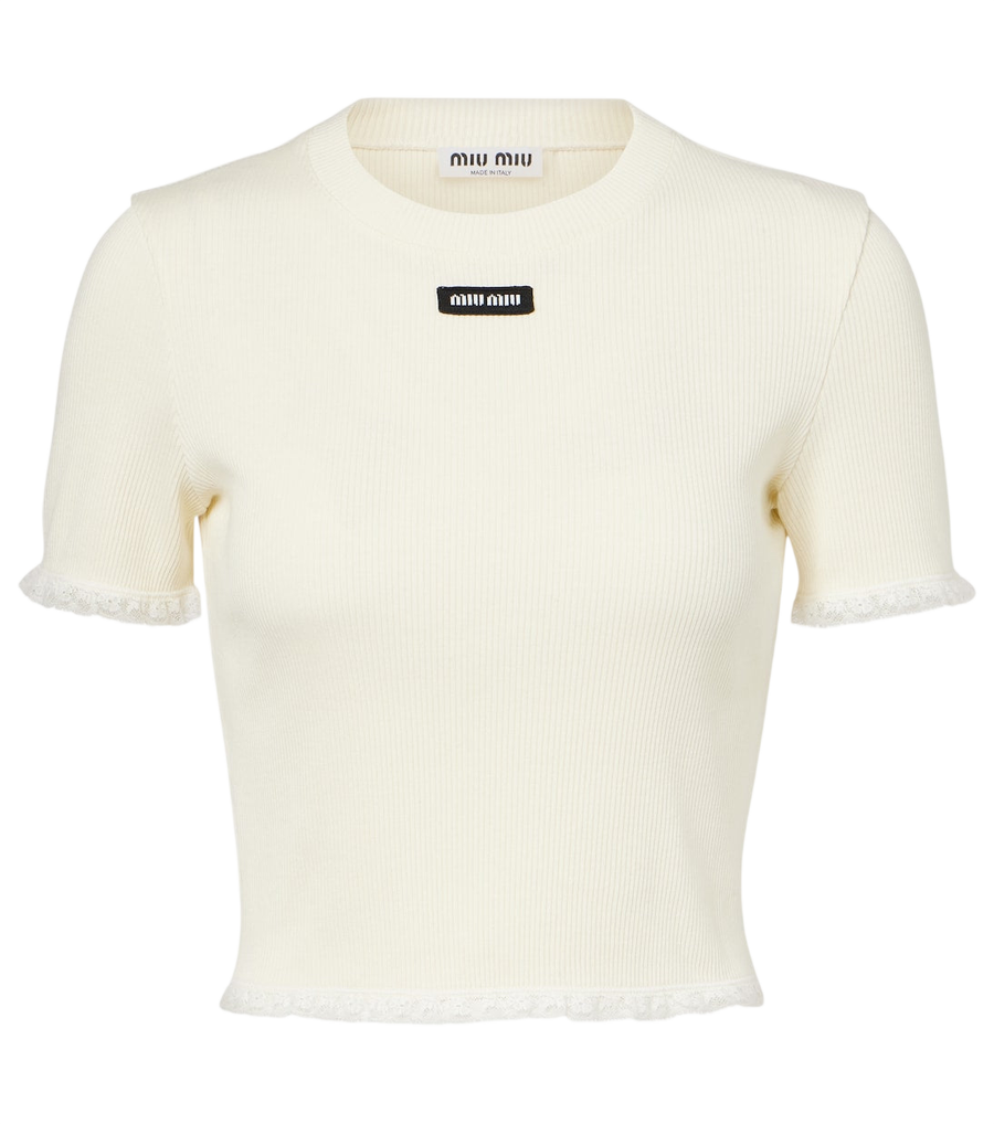 Camiseta corta de algodón con ribete de encaje de Miu Miu