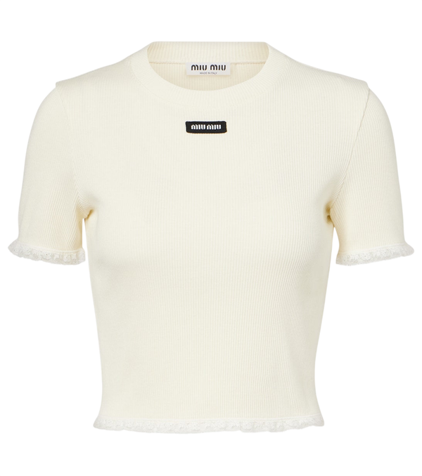 Miu Miu Cropped lace-trimmed cotton T-shirt