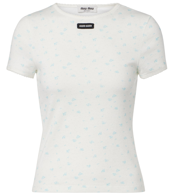 Miu Miu T-shirt in jersey di cotone a fantasia floreale
