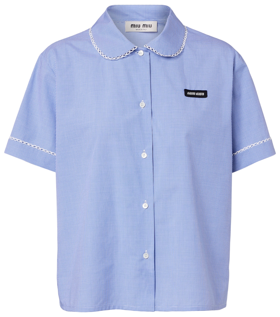 Camisa de popelina de algodón con ribete de encaje y estampado de cuadros vichy de Miu Miu