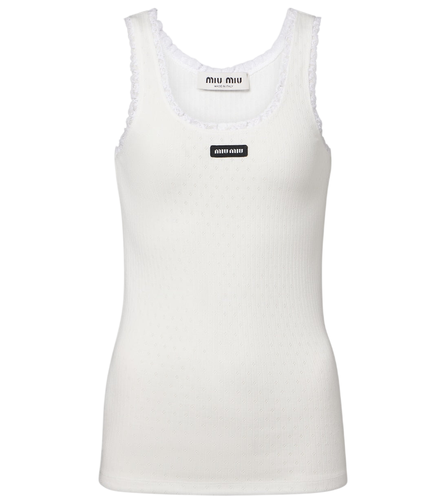 Miu Miu Lace-trimmed pointelle cotton tank top