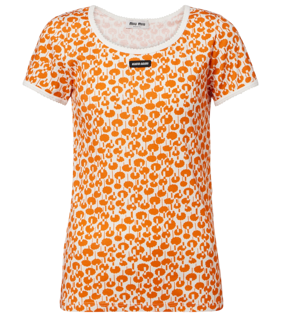 Miu Miu Lace-trimmed printed cotton T-shirt