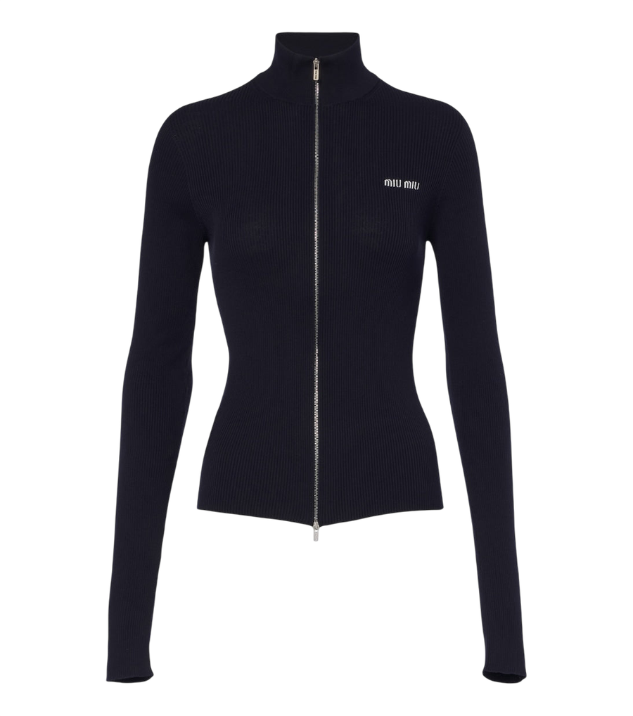 Miu Miu Logo ribbed-knit cotton zip-up sweater