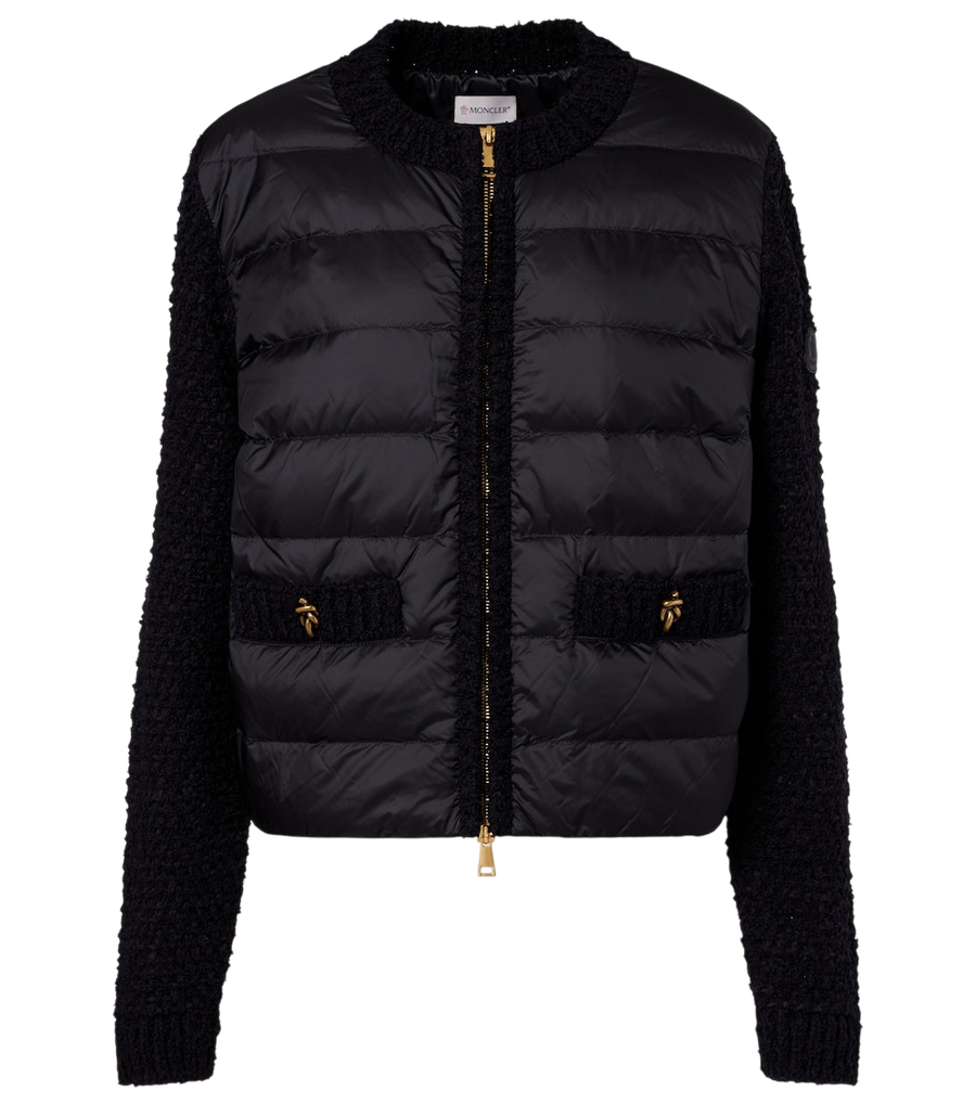 Moncler Down-paneled bouclé-trimmed zip-up cardigan