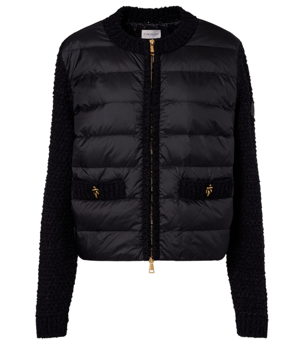 Moncler Down-paneled bouclé-trimmed zip-up cardigan