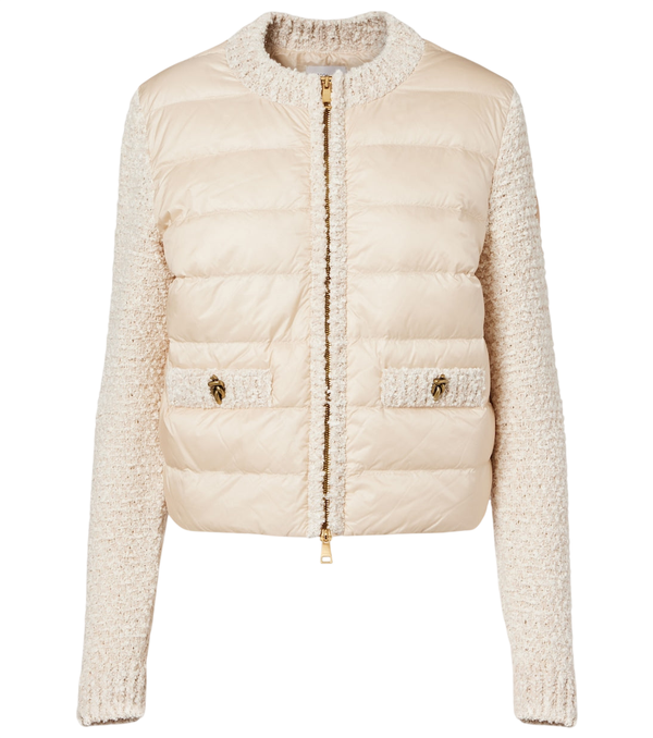 Moncler Down-paneled bouclé-trimmed zip-up cardigan