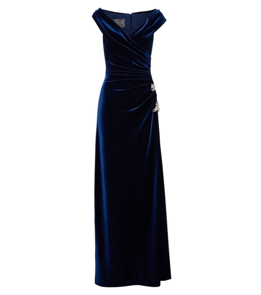 Robe longue en velours drapé et ornementé Monique Lhuillier