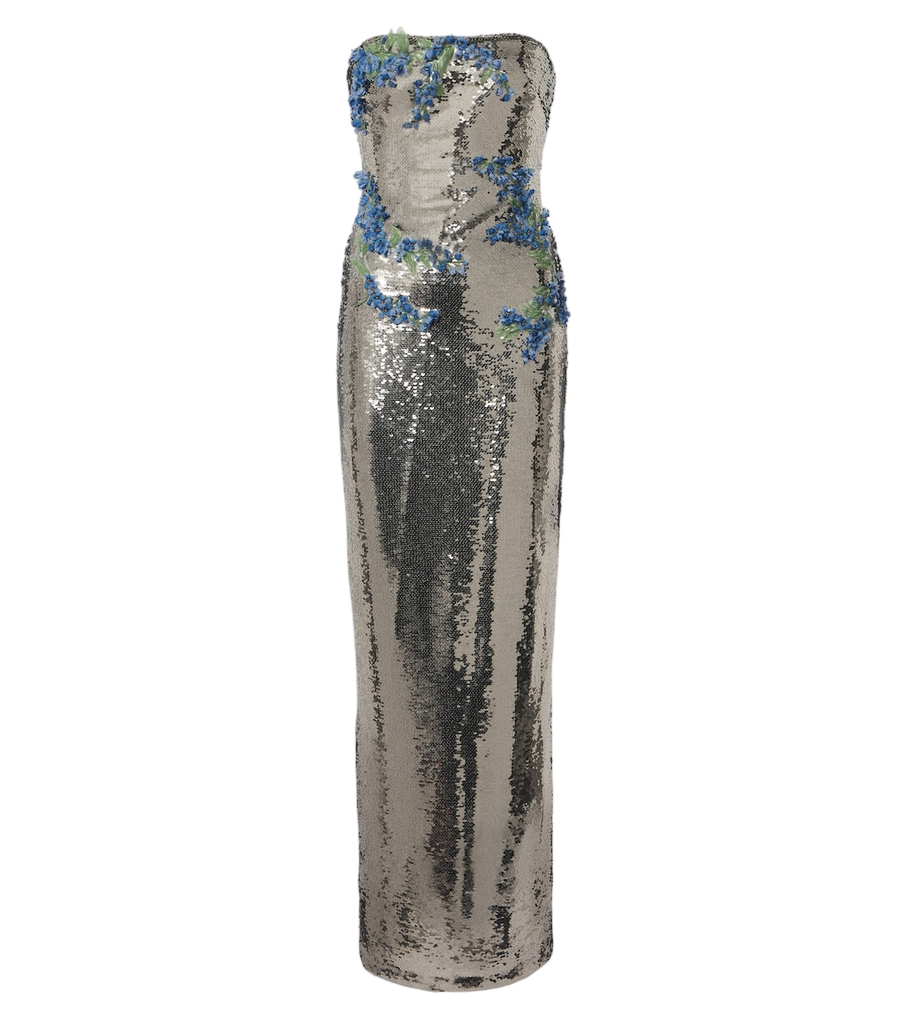 Vestido de bustier con lentejuelas y apliques florales de Monique Lhuillier