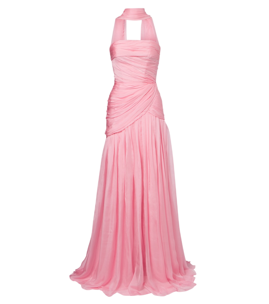 Robe bustier drapée en soie avec détail écharpe Monique Lhuillier