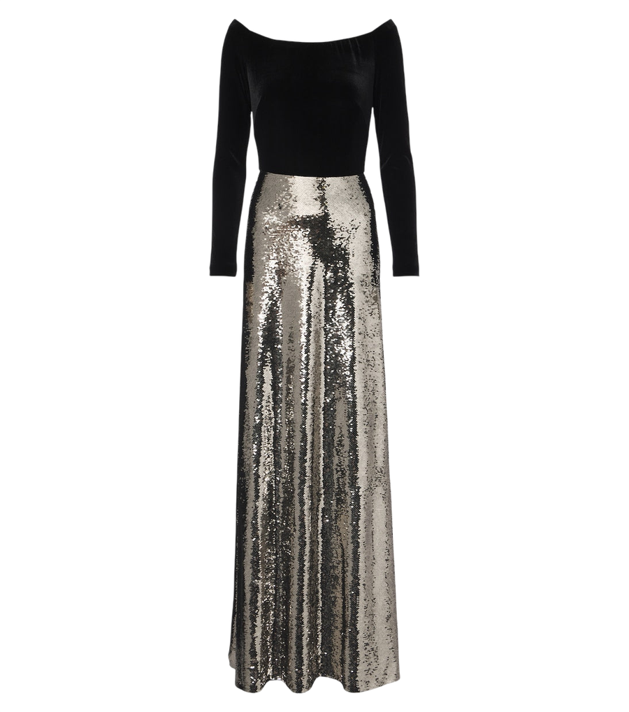 Robe longue Monique Lhuillier à épaules dénudées, en velours et sequins