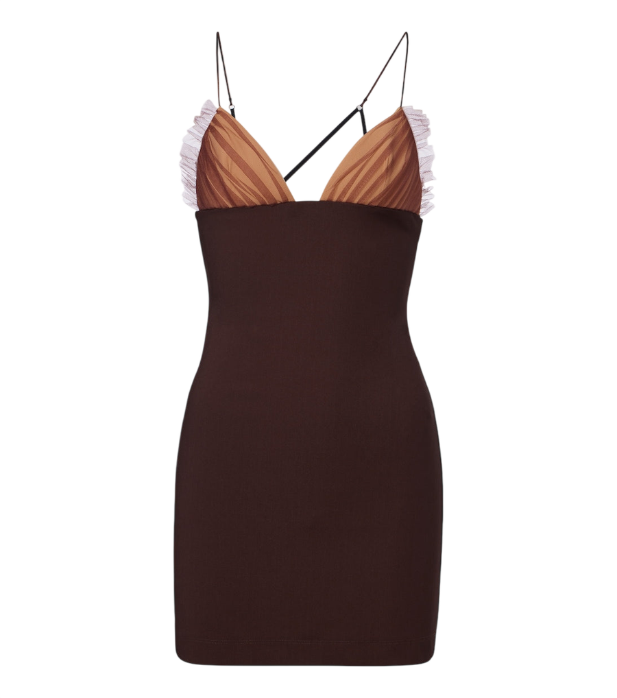 Nensi Dojaka Tulle-trimmed ruched jersey minidress