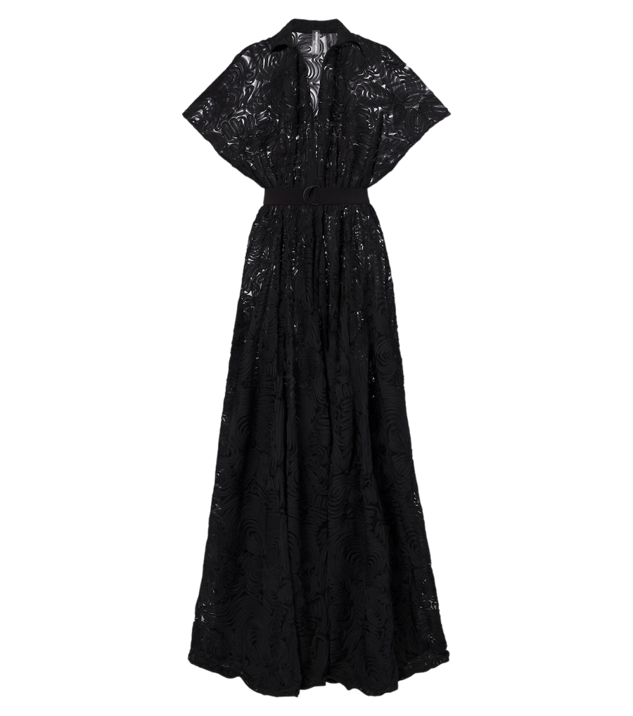 Norma Kamali Belted embroidered mesh maxi dress
