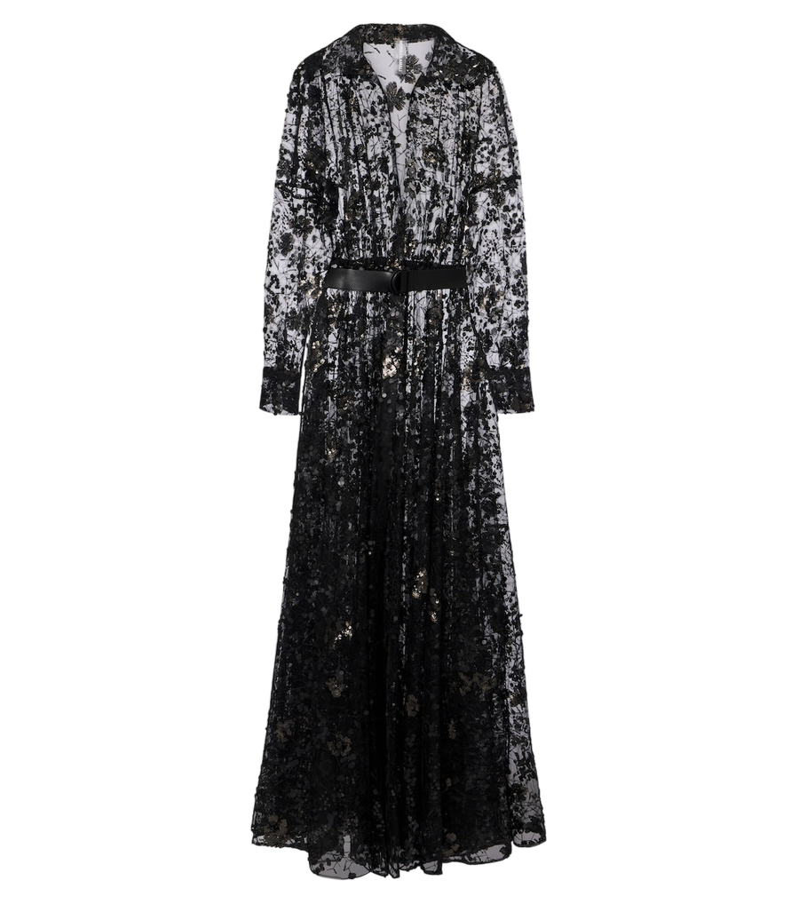 Norma Kamali Belted sequined lace maxi dress