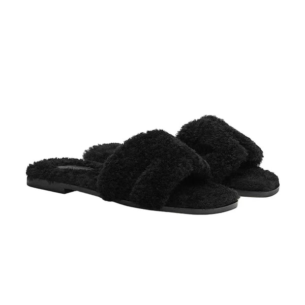 Hermes Oran black shearling sandals