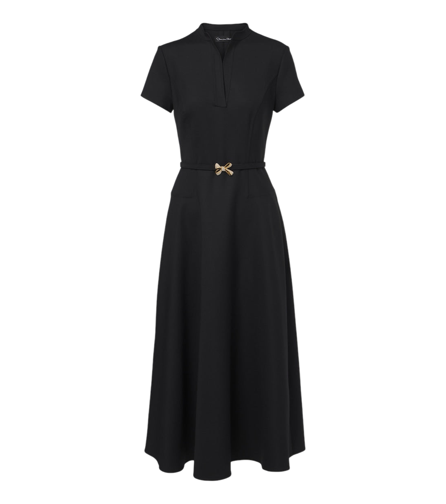 Vestido midi de mezcla de lana con cinturón y adornos de Oscar de la Renta