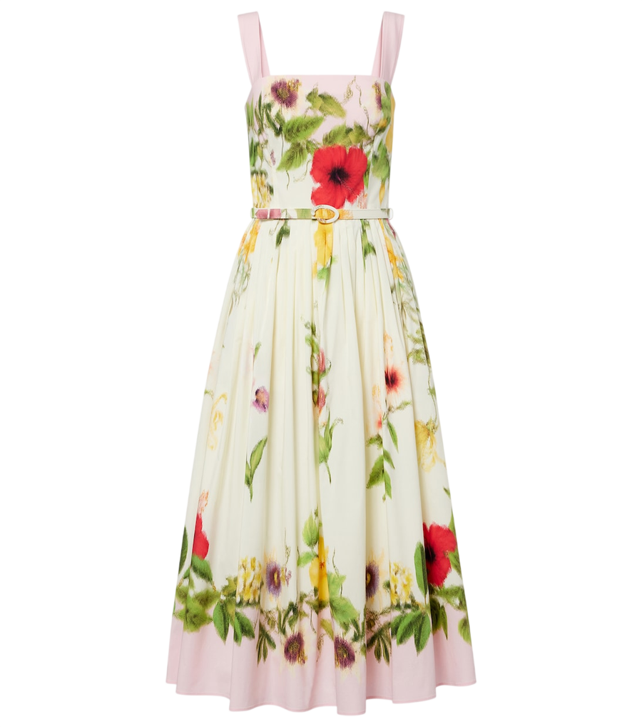 Robe midi en popeline de mélange de coton à fleurs et ceinturée Oscar de la Renta
