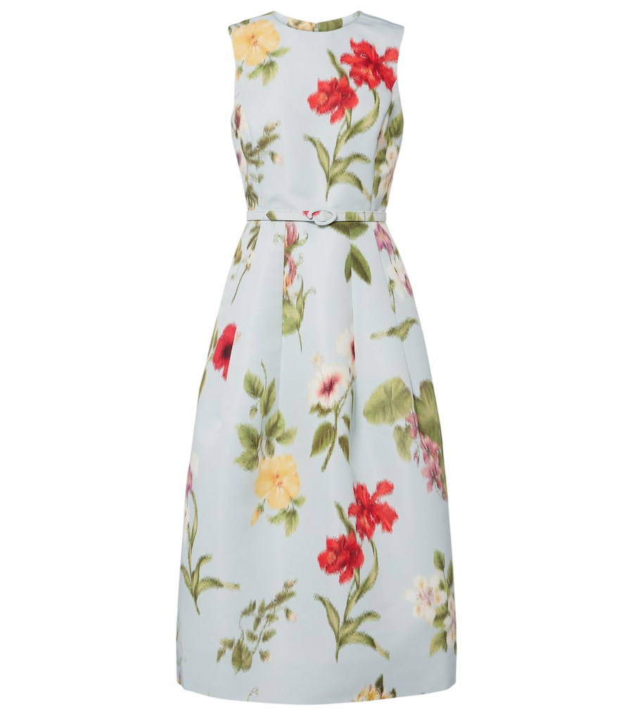 Vestido de cóctel floral de faille con cinturón de Oscar de la Renta