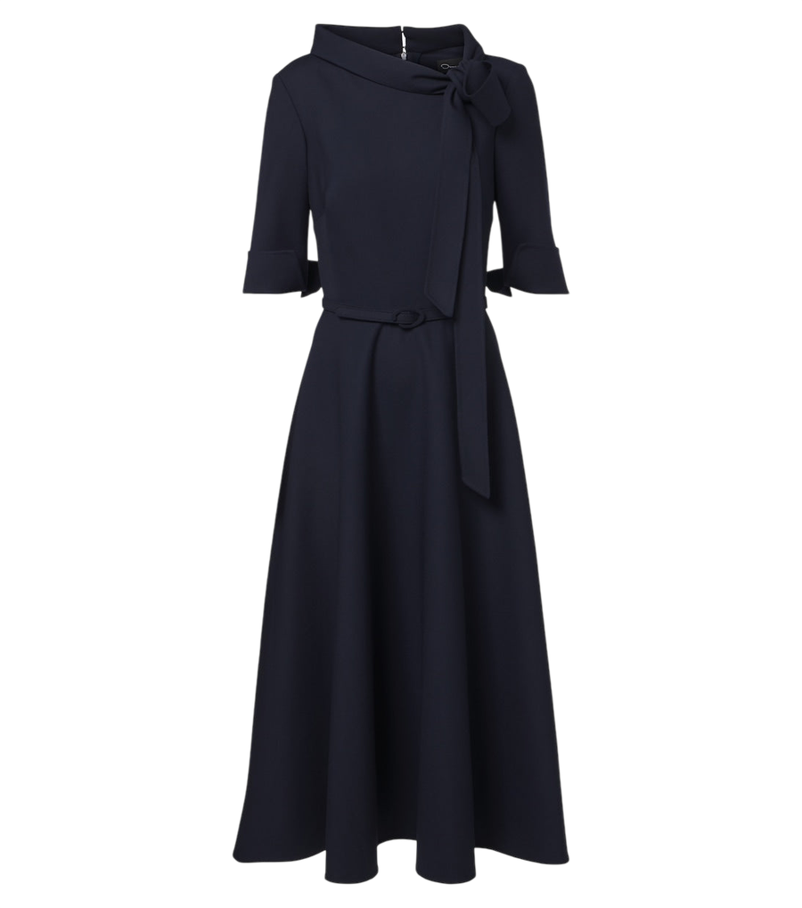 Oscar de la Renta Belted tie-neck wool-blend midi dress