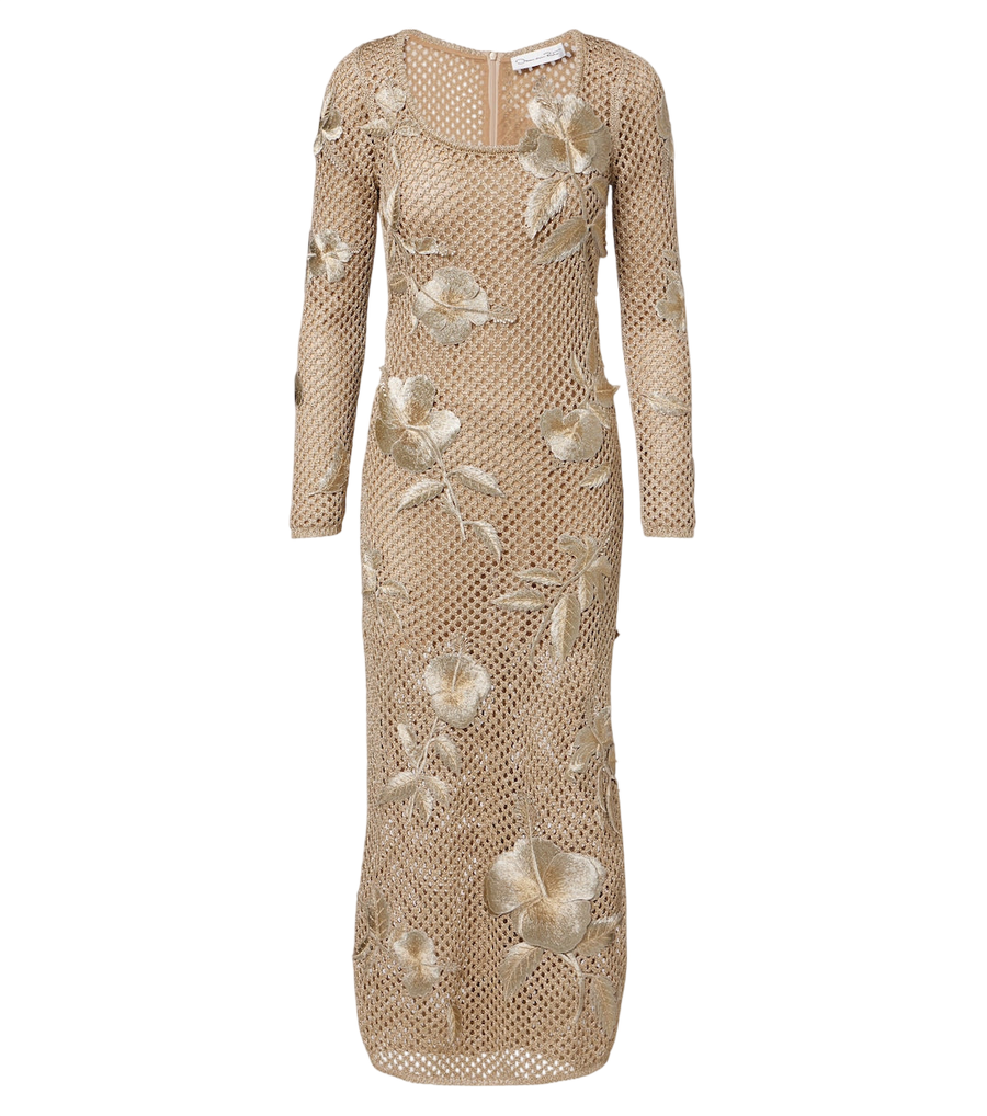 Oscar de la Renta Floral-appliqué open-knit midi dress