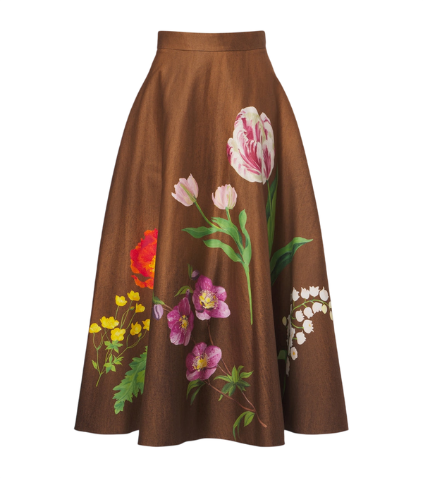 Oscar de la Renta Saia midi floral em mistura de algodão