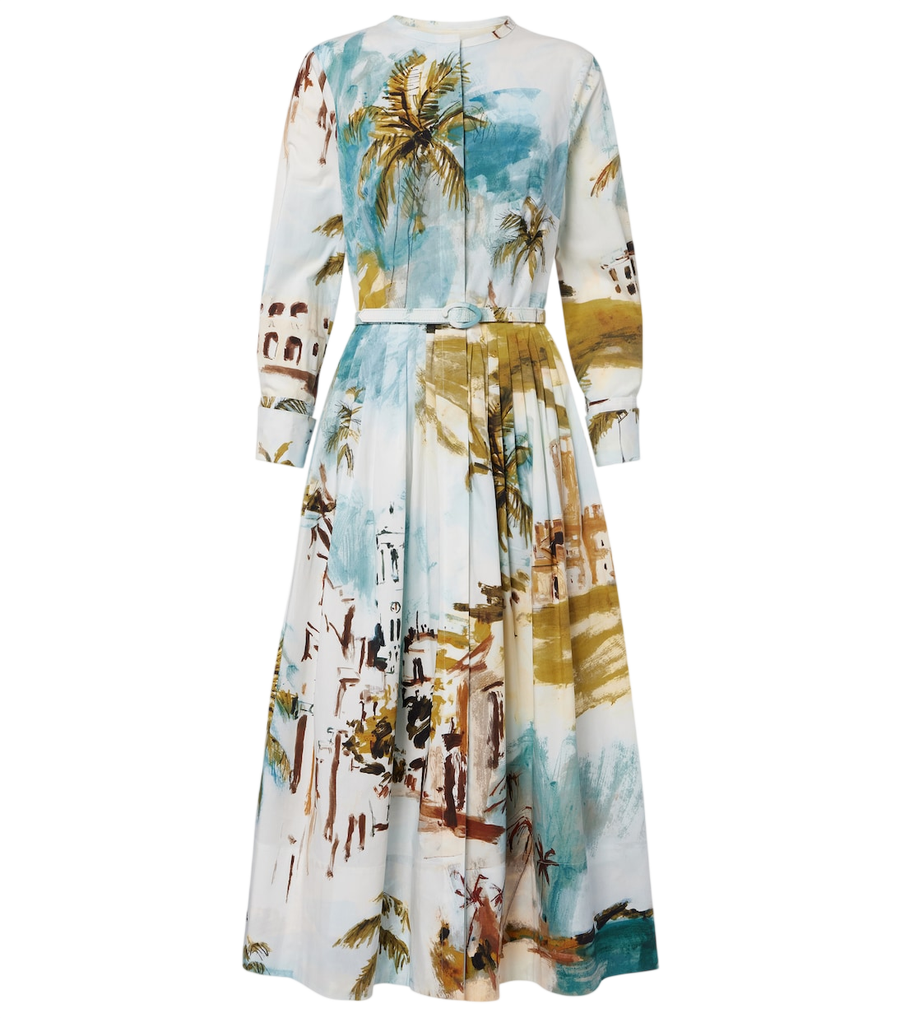 Vestido de cóctel de mezcla de algodón estampado con pliegues de Oscar de la Renta