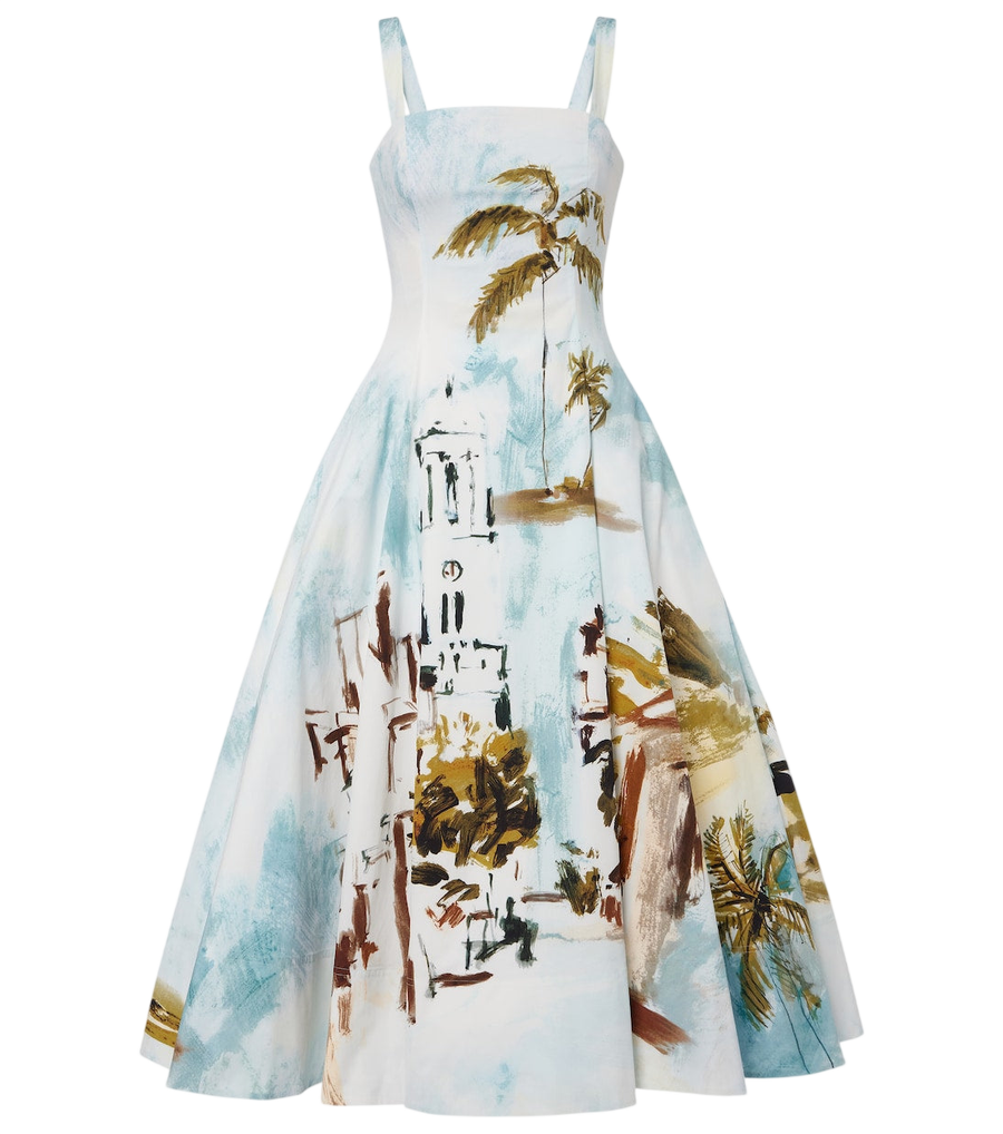 Robe midi en popeline de coton mélangé à imprimé Oscar de la Renta