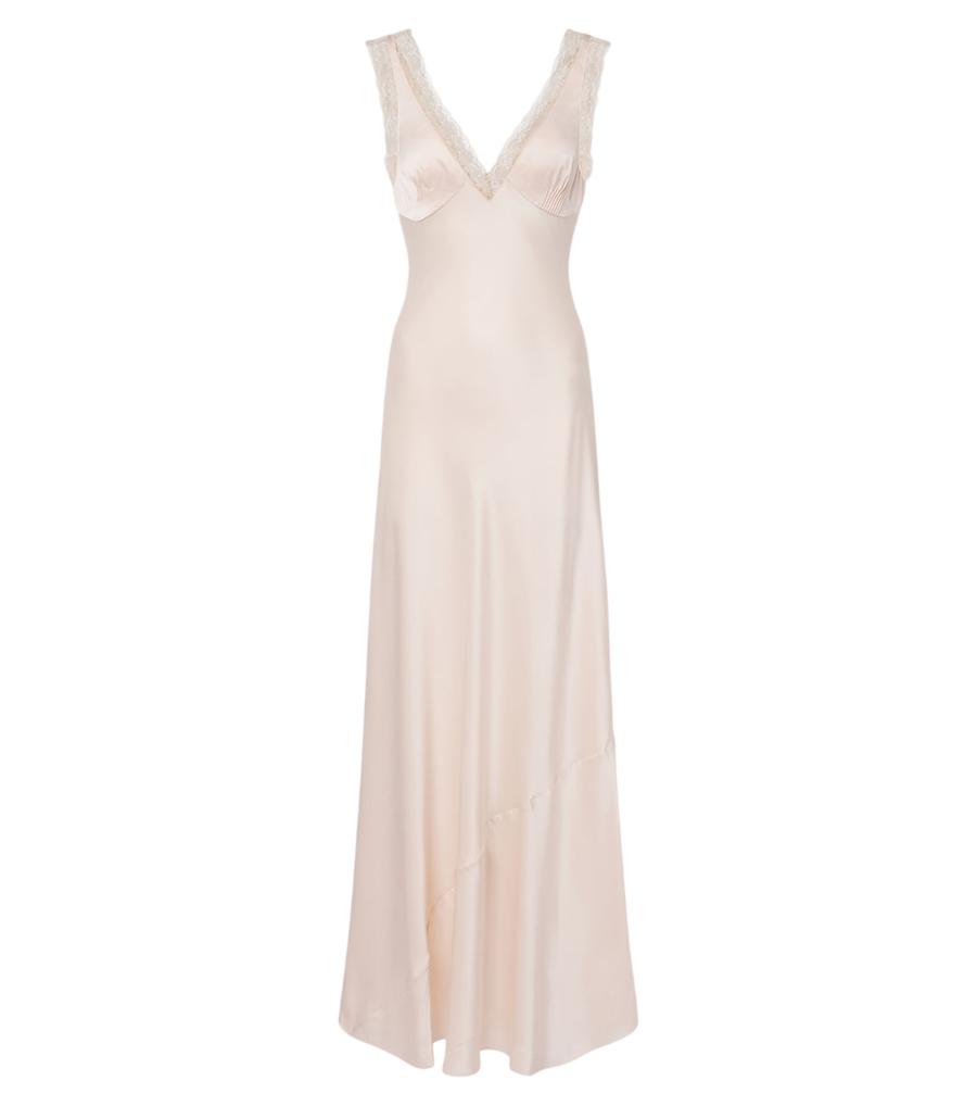Vestido largo de satén de seda con ribete de encaje Blake de Posse