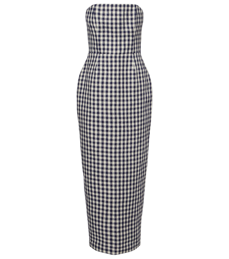 Posse Romeo gingham strapless linen maxi dress