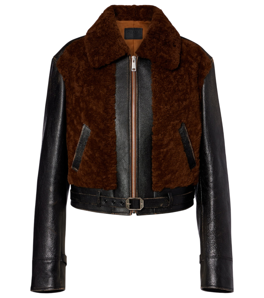 Prada Belted shearling-trimmed leather jacket