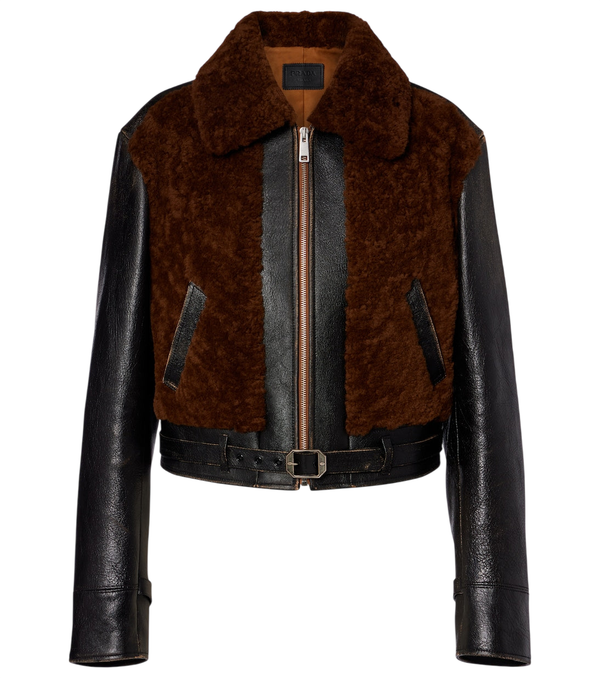 Prada Belted shearling-trimmed leather jacket