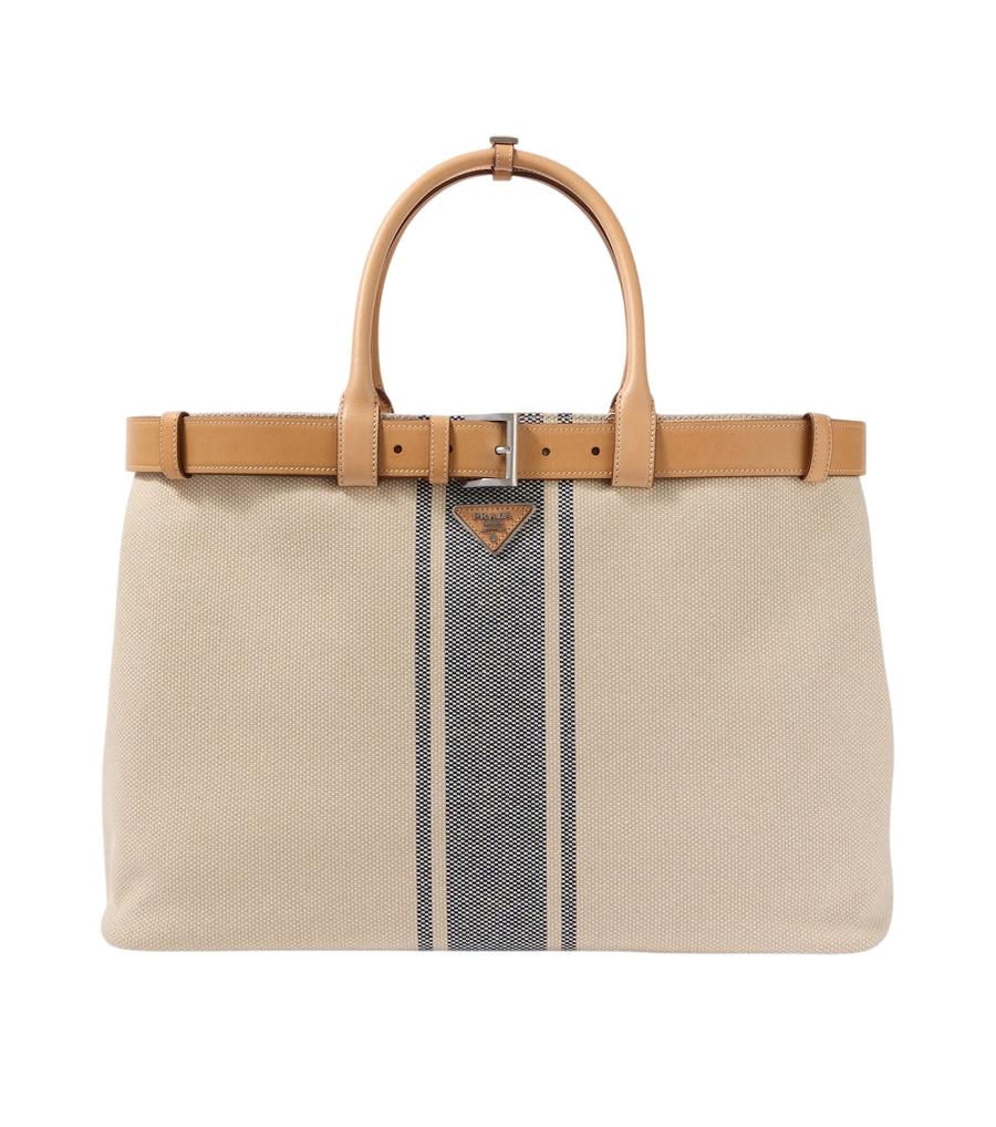 Prada Buckle leather-trimmed canvas tote bag