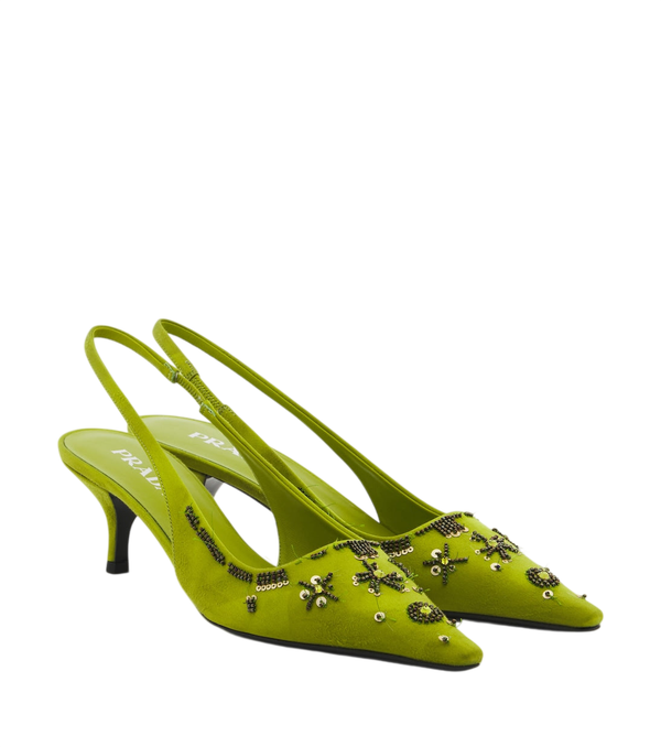 Zapatos de salón destalonados de satén con adornos de Prada