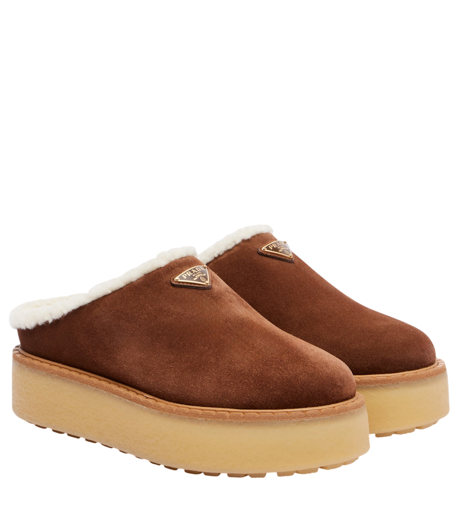 Prada Evolve shearling-trimmed suede platform mules