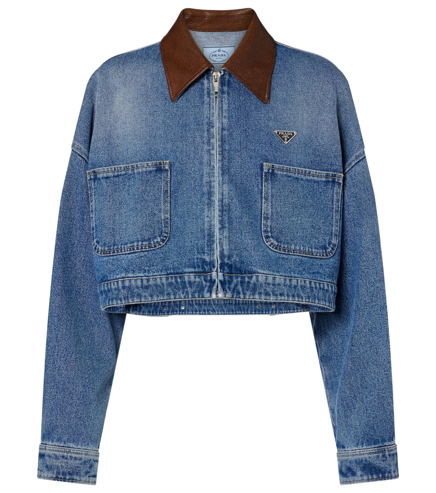Prada Leather-trimmed cropped denim jacket