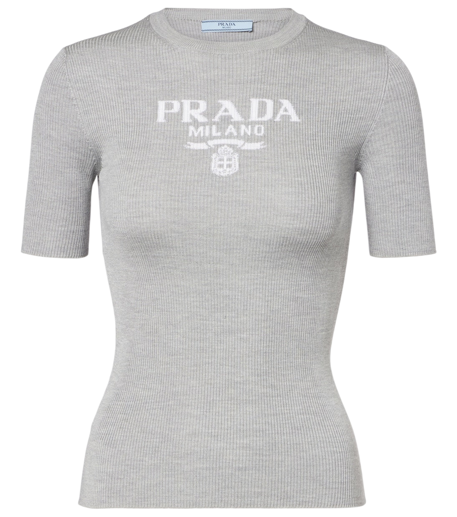 T-shirt en soie à logo et finitions côtelées Prada