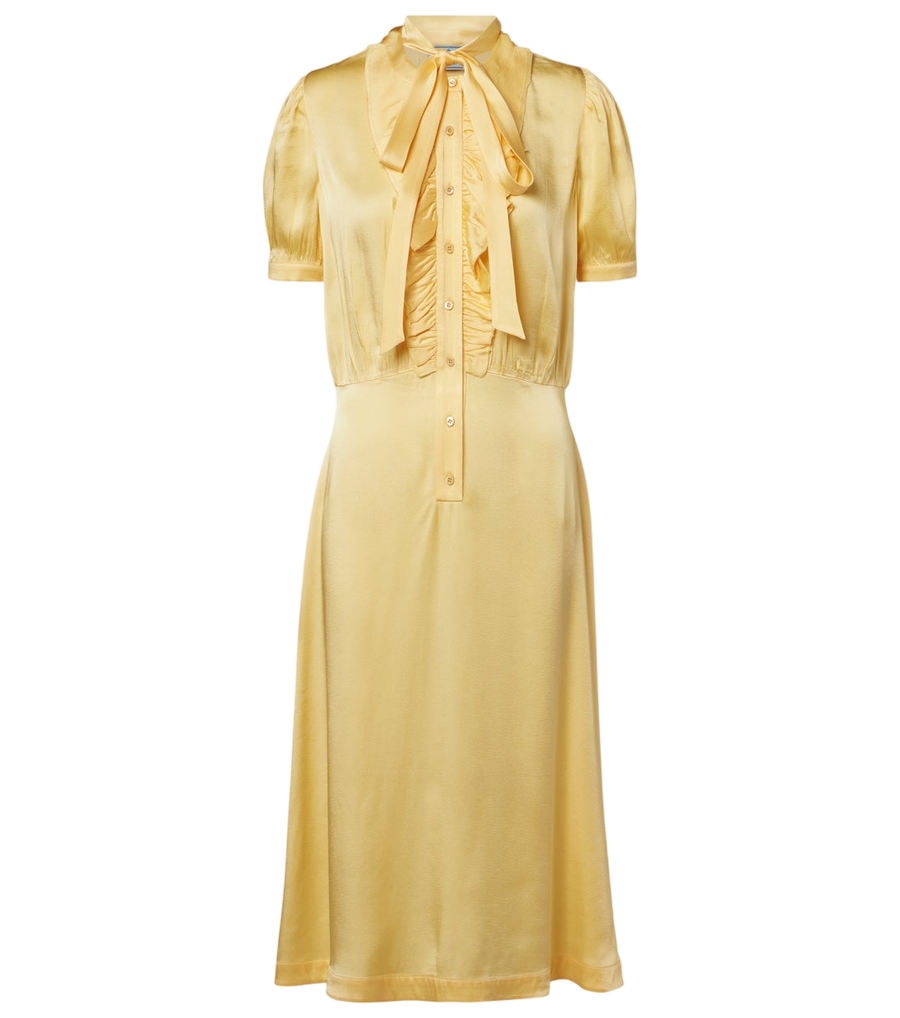 Vestido midi de satén con cuello de lazo y volantes de Prada