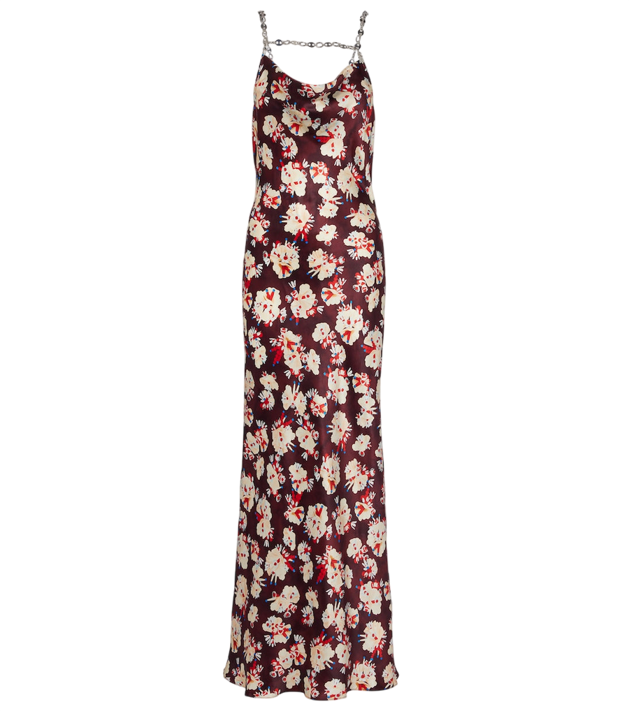 Maxi-robe en soie à fleurs avec détails chaîne Rabanne