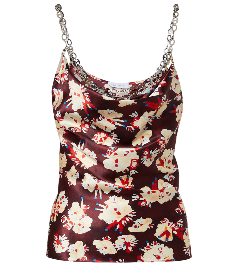 Top de seda satinada con estampado floral y detalle de cadena de Rabanne