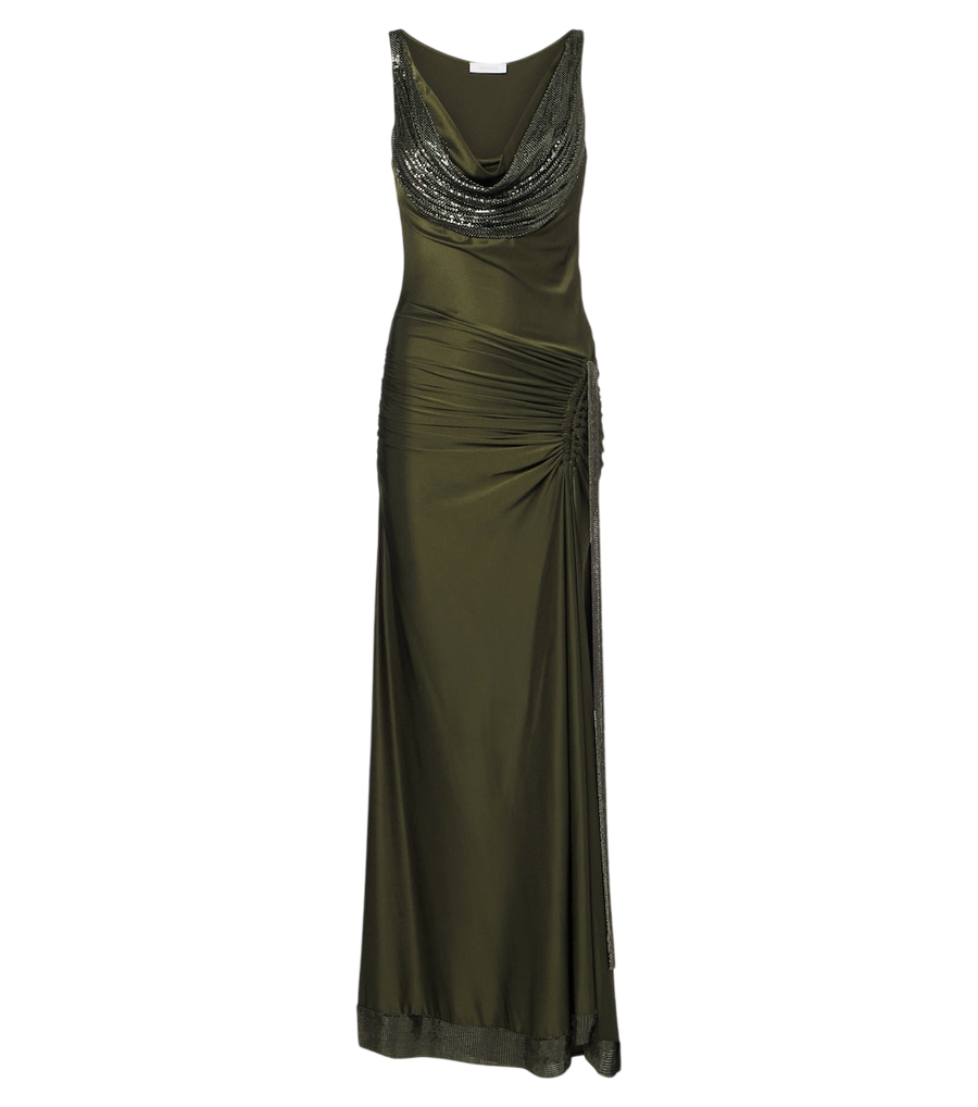 Robe longue en satin et cotte de mailles Rabanne