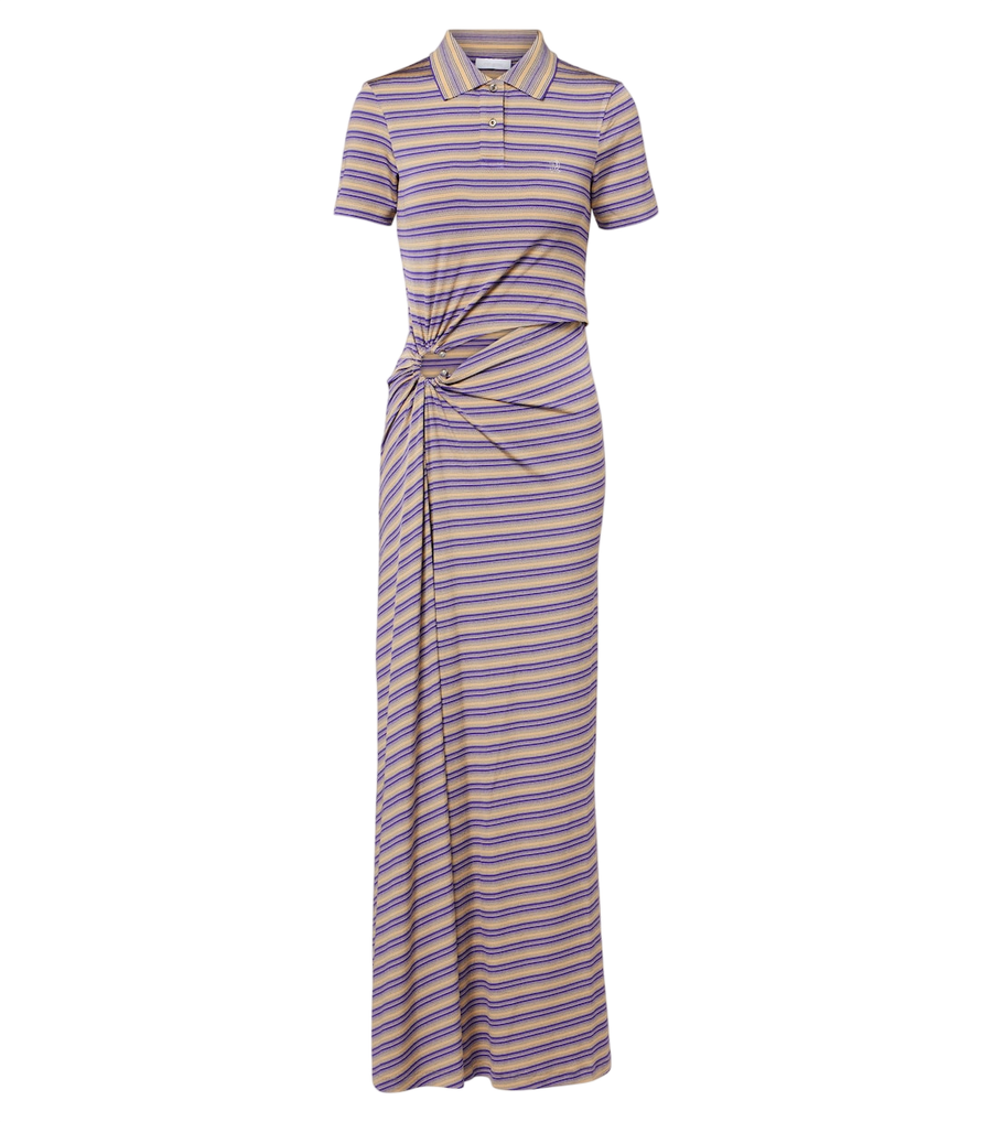 Rabanne Vestido comprido em crepe às riscas com franzidos e recortes