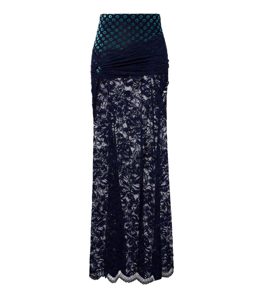 Rabanne Gathered lace and velvet maxi skirt