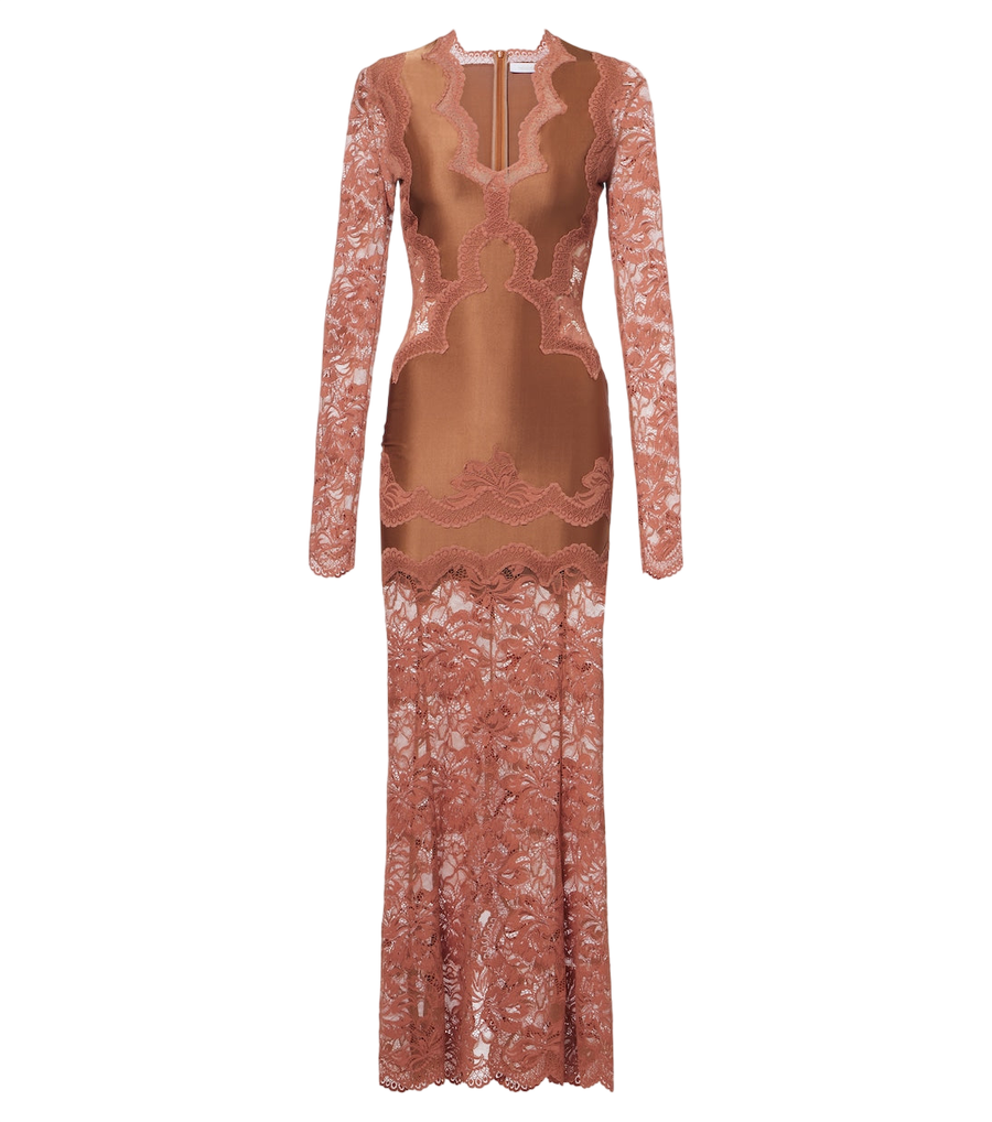Robe longue en dentelle et satin Rabanne