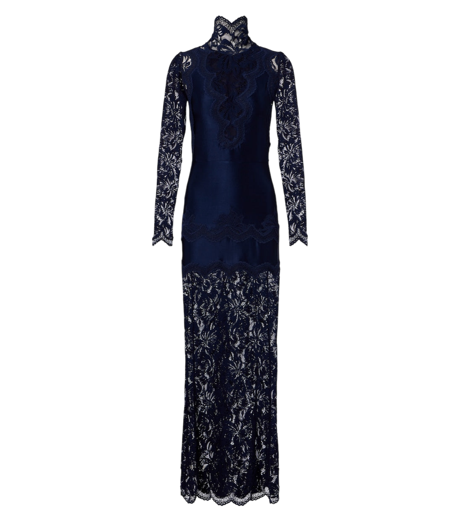 Robe longue Rabanne à col montant en dentelle