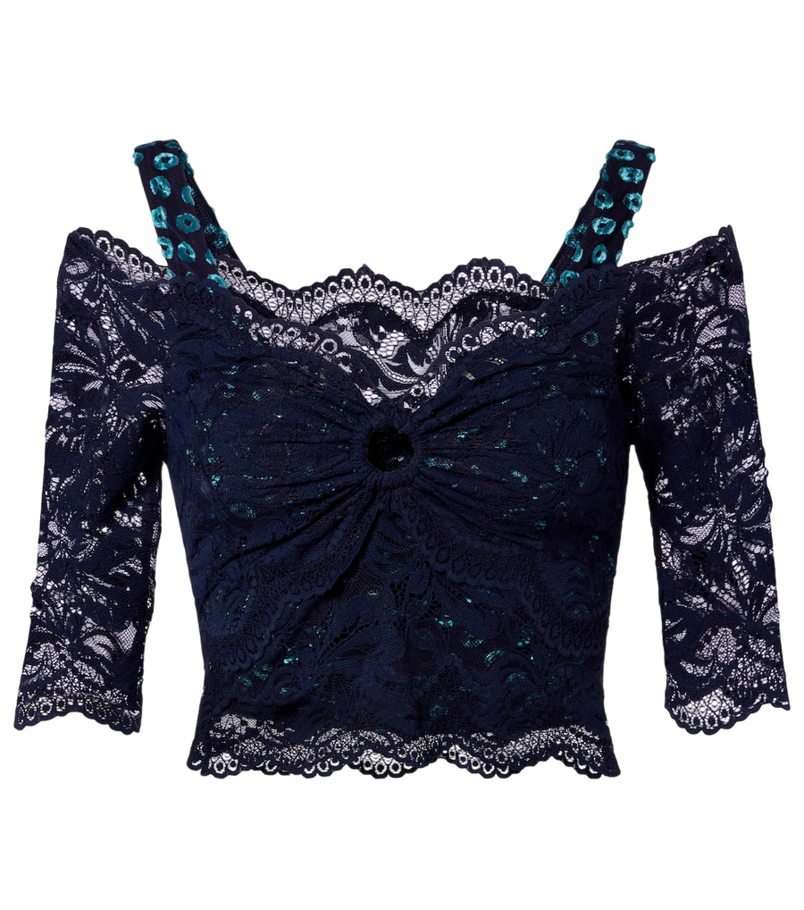Rabanne Top cropped em renda e veludo com efeito trompe l'oeil