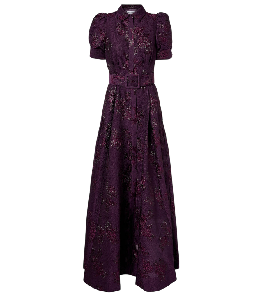 Rebecca Vallance Afina belted floral brocade gown