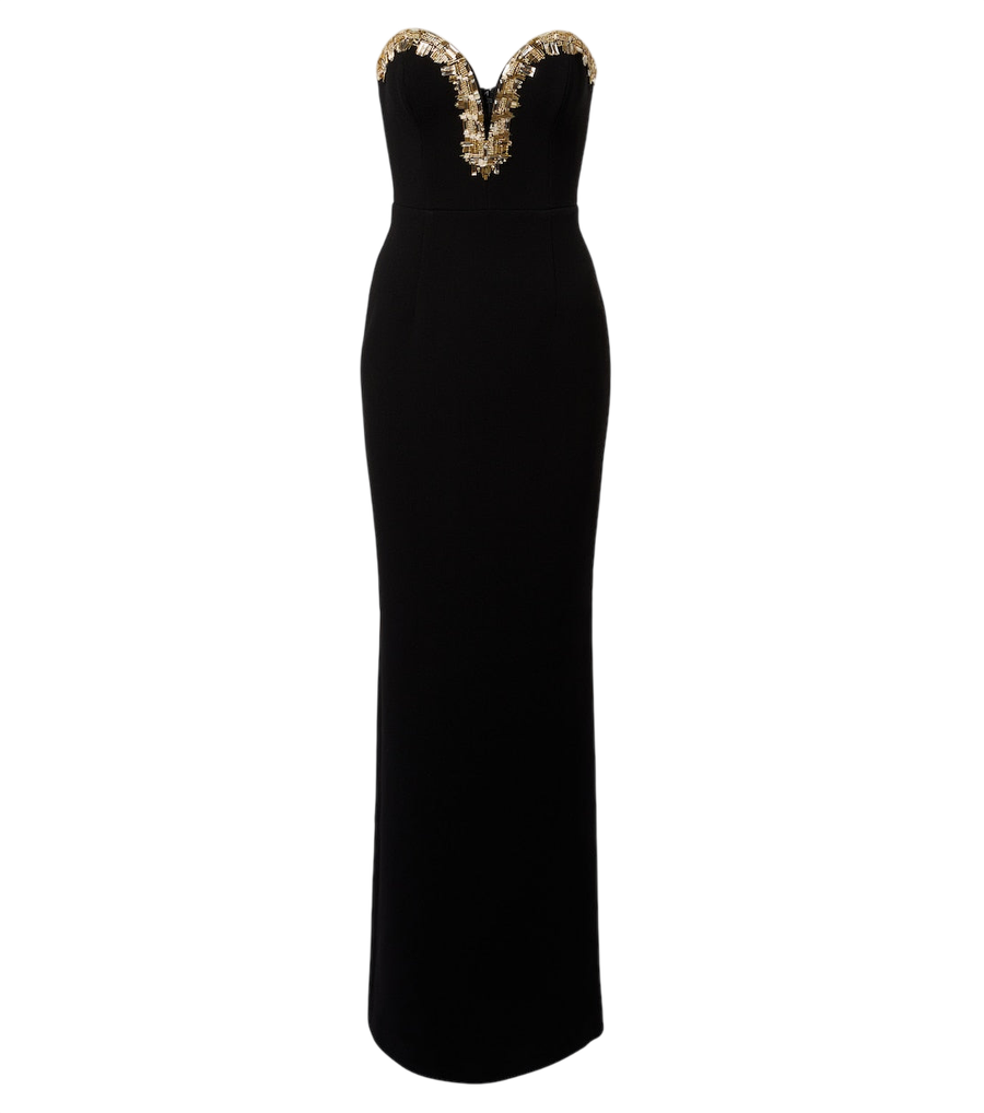 Vestido largo tipo bustier de crepé con adornos Alexandrite de Rebecca Vallance